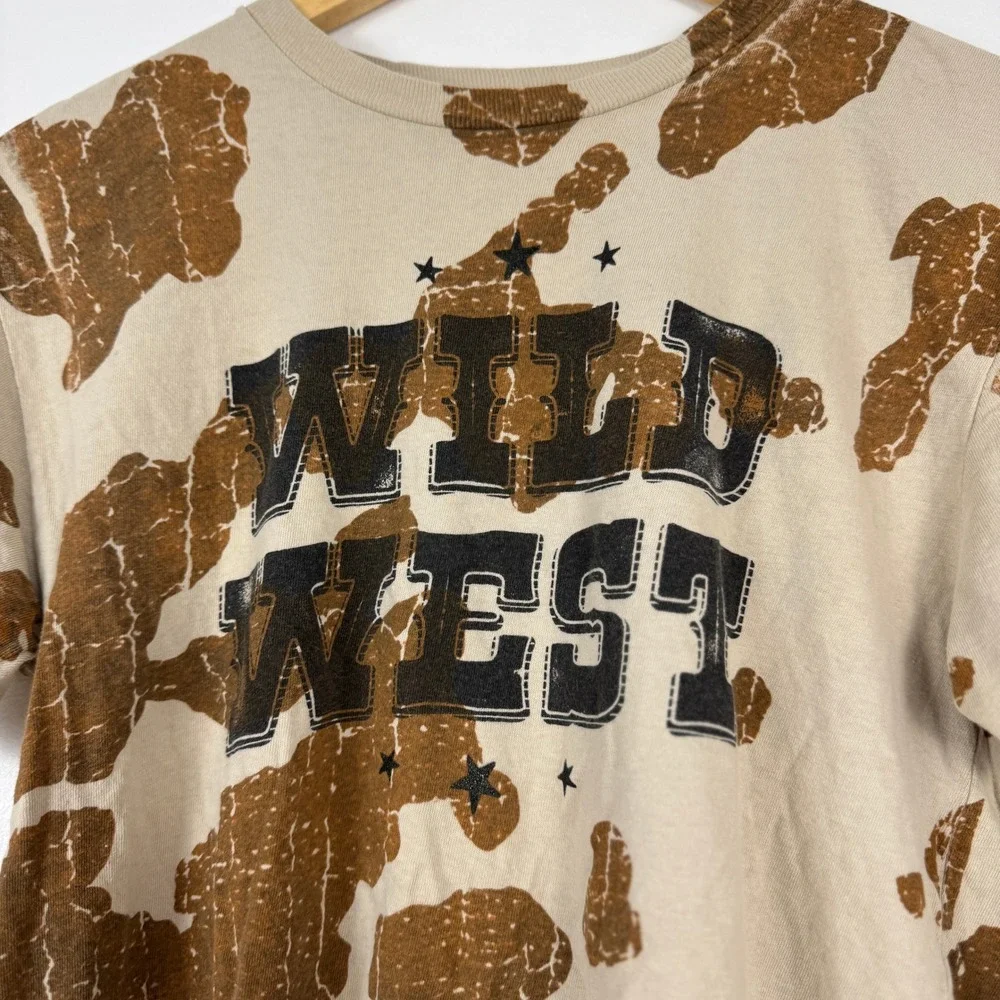American Highway Wild West Cow Print Oversized T Shirt Youth Size L Western Chic